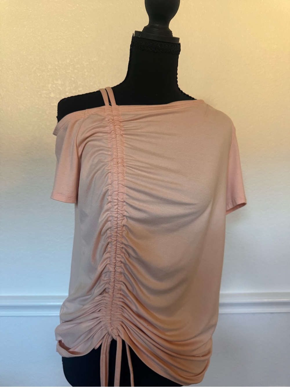 Drawstring Ruched One-Shoulder Top - Blush Pink
